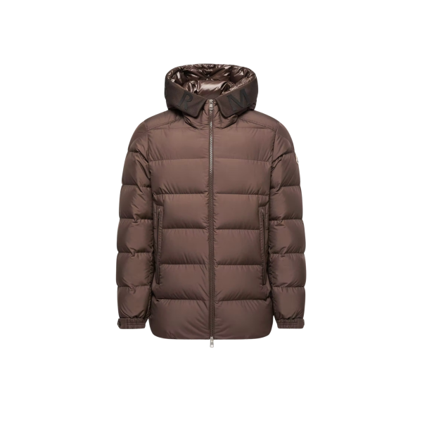 Doudoune mi-longue à capuche MONCLER Orvelle nylon marron chocolat mat capuche logo écriture