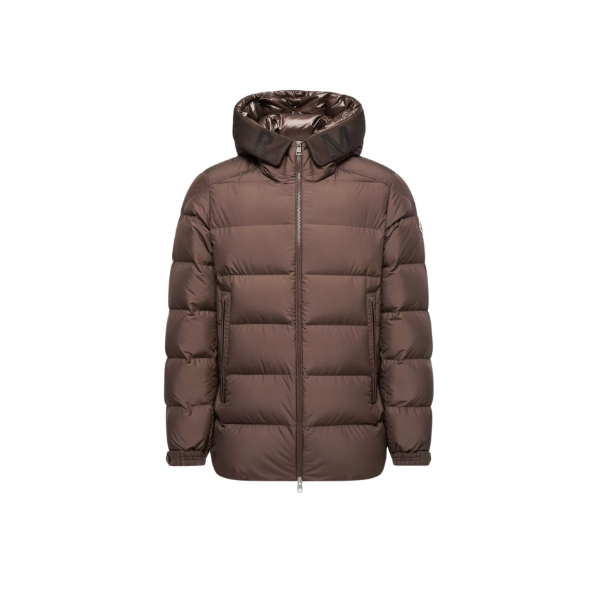 Doudoune mi-longue à capuche MONCLER Orvelle nylon marron chocolat mat capuche logo écriture