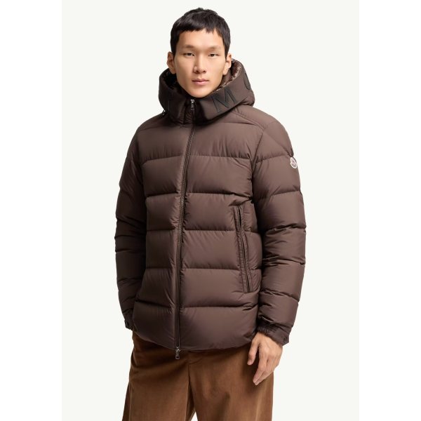 Doudoune mi-longue à capuche MONCLER Orvelle nylon marron chocolat mat capuche logo écriture