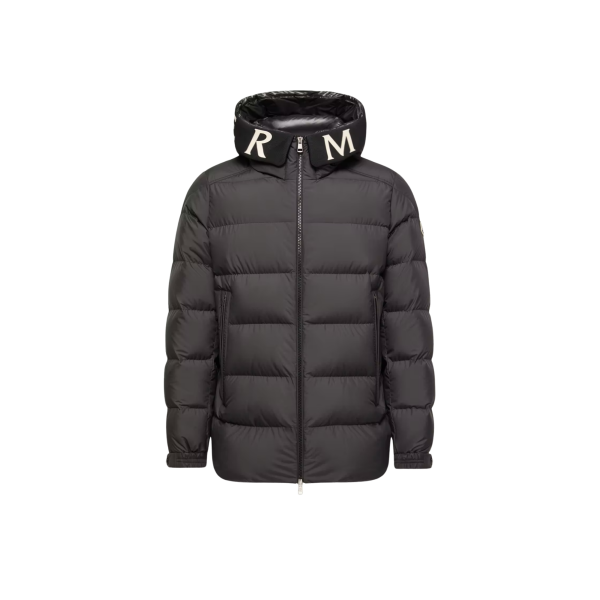 Doudoune mi-longue à capuche MONCLER Orvelle nylon noir mat capuche logo écriture blanc