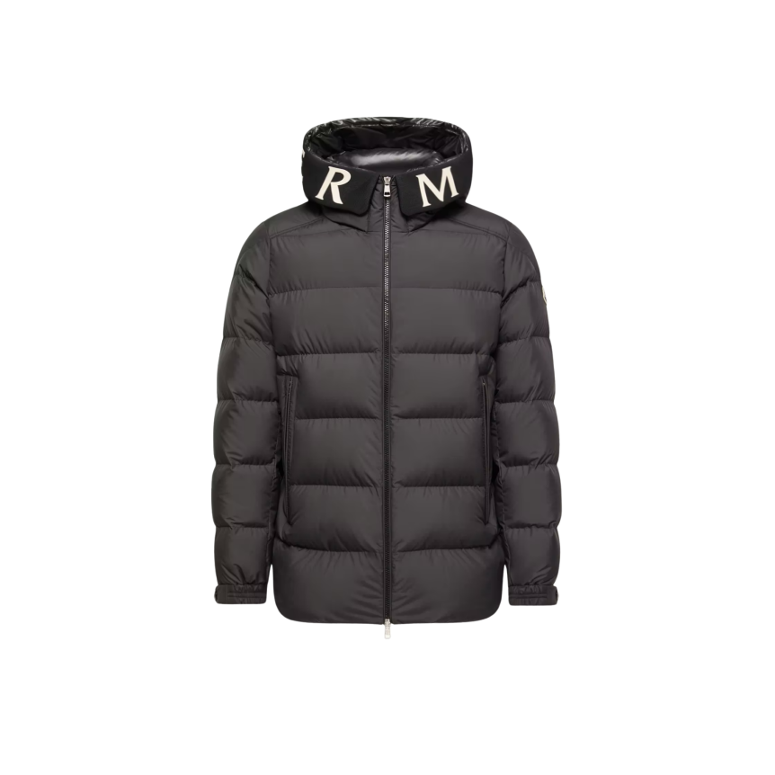 Doudoune mi-longue à capuche MONCLER Orvelle nylon noir mat capuche logo écriture blanc