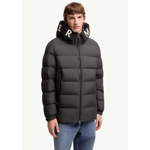 Doudoune mi-longue à capuche MONCLER Orvelle nylon noir mat capuche logo écriture blanc