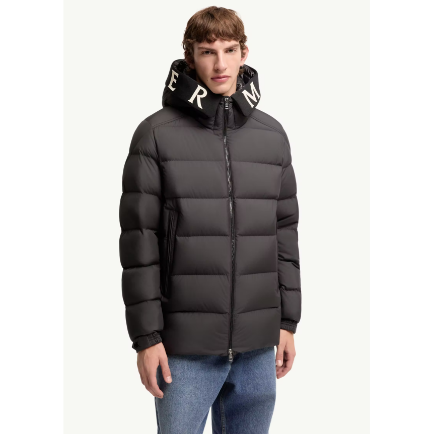 Doudoune mi-longue à capuche MONCLER Orvelle nylon noir mat capuche logo écriture blanc