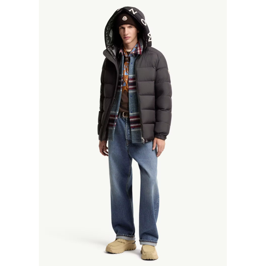 Doudoune mi-longue à capuche MONCLER Orvelle nylon noir mat capuche logo écriture blanc