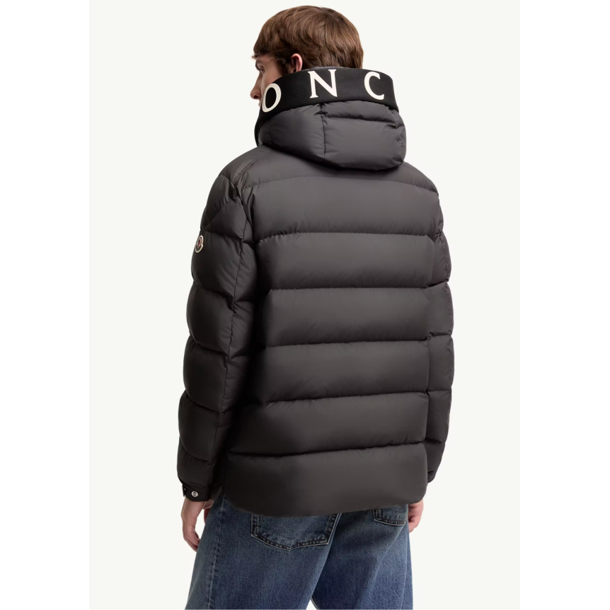Doudoune mi-longue à capuche MONCLER Orvelle nylon noir mat capuche logo écriture blanc