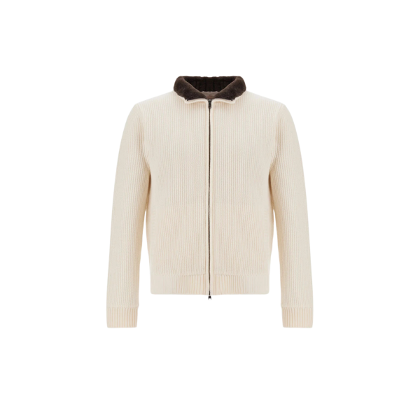 Cardigan zippé HERNO Resort en jersey de pure laine écru col fourrure marron