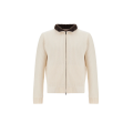 Cardigan zippé Resort en jersey de pure laine écru col fourrure marron