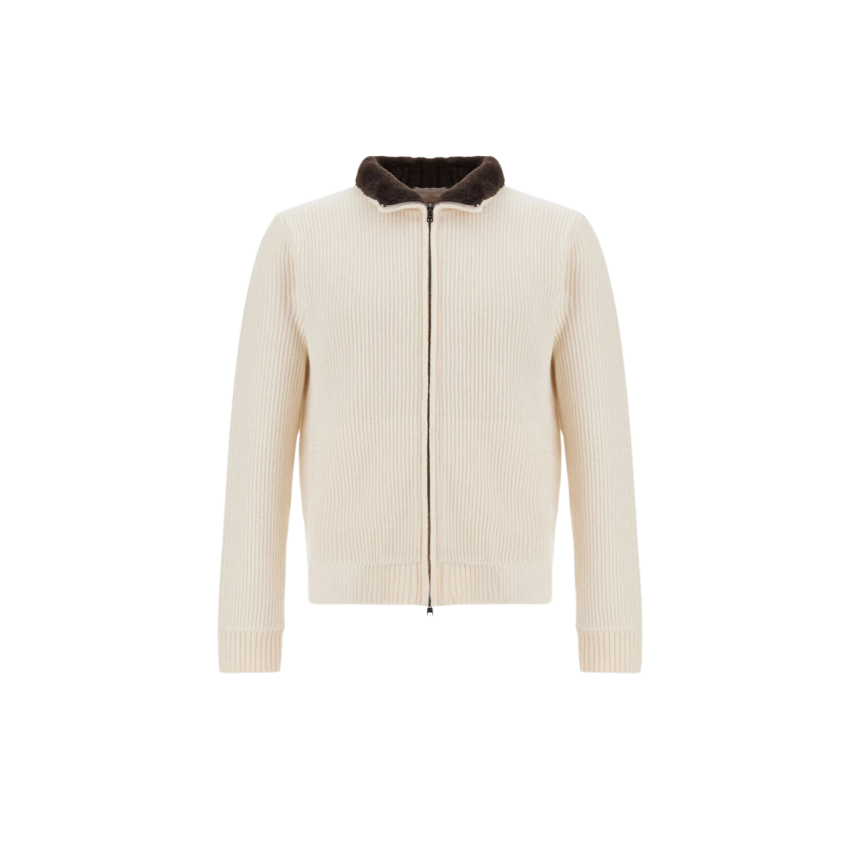 Cardigan zippé HERNO Resort en jersey de pure laine écru col fourrure marron