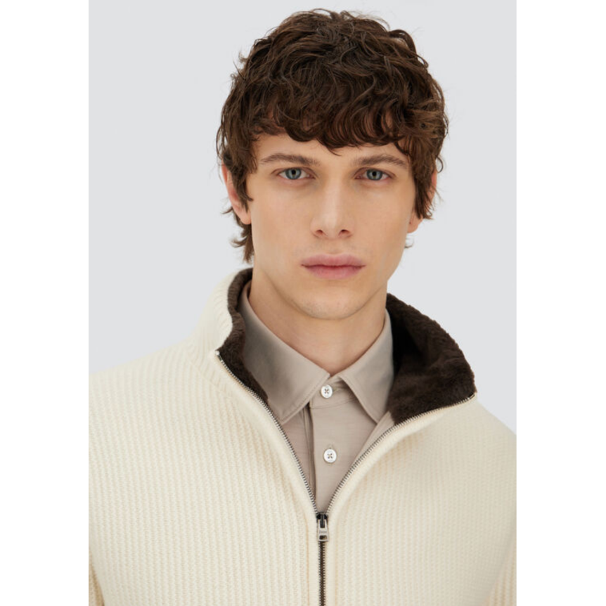 Cardigan zippé HERNO Resort en jersey de pure laine écru col fourrure marron