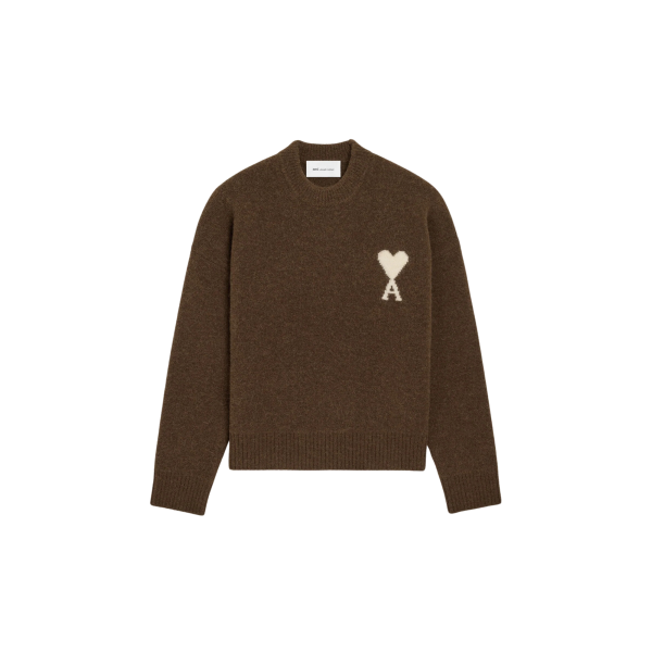 Pull col rond AMI Paris maille laine alpaga marron cœur blanc
