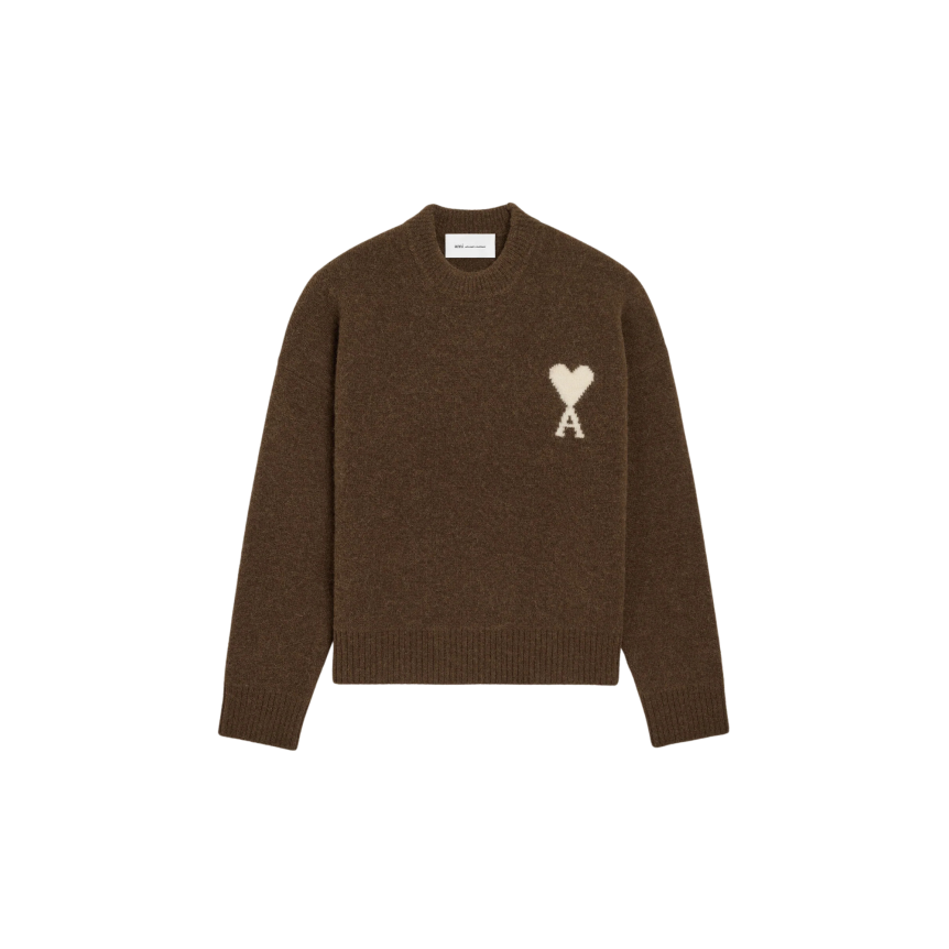 Pull col rond AMI Paris maille laine alpaga marron cœur blanc