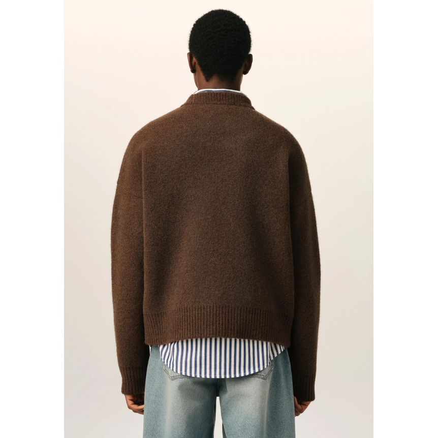 Pull col rond AMI Paris maille laine alpaga marron cœur blanc