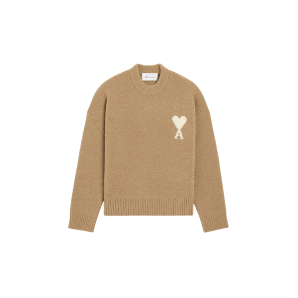 Pull col rond AMI Paris maille laine alpaga beige cœur blanc