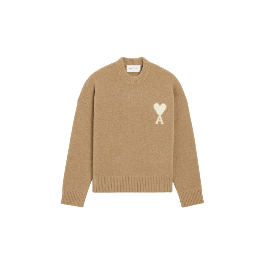 Pull col rond AMI Paris maille laine alpaga beige cœur blanc