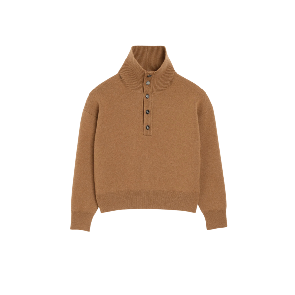 Pull AMI Paris col montant boutonné en laine camel