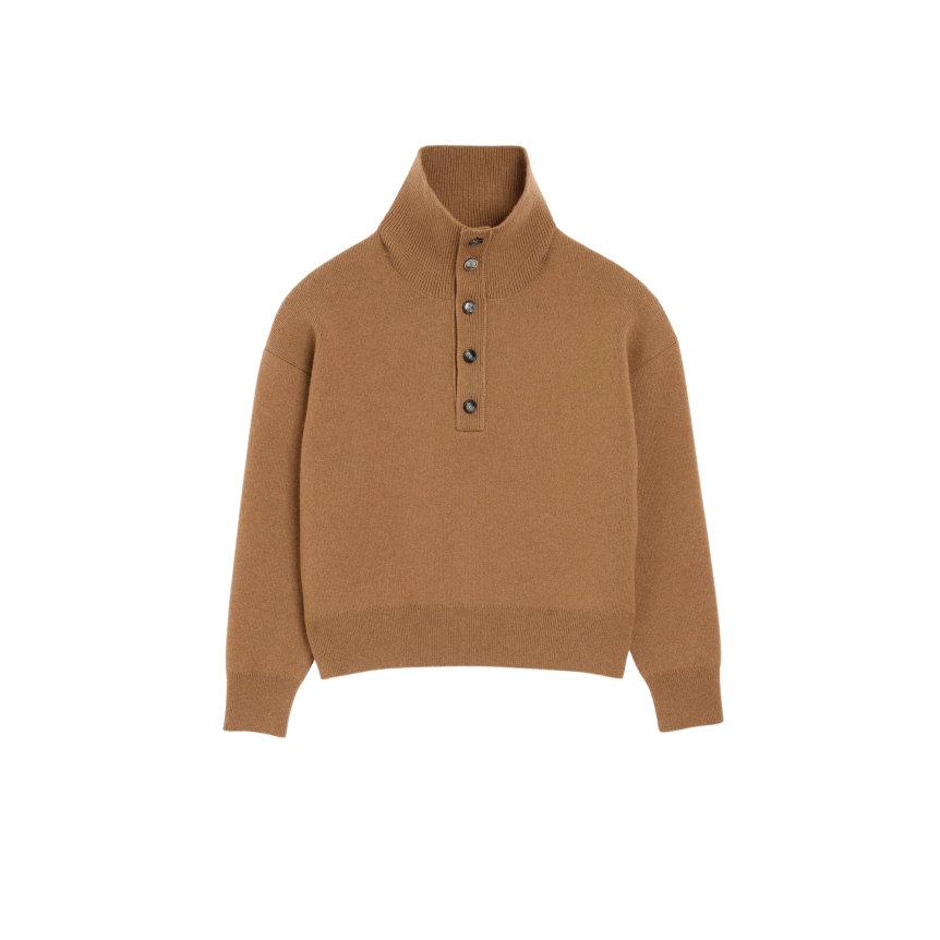 Pull AMI Paris col montant boutonné en laine camel