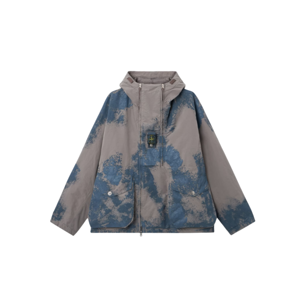 Parka courte matelassée STONE ISLAND à capuche gris avec finition bleue peinte à la main