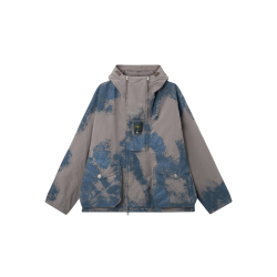 Parka courte matelassée STONE ISLAND à capuche gris avec finition bleue peinte à la main