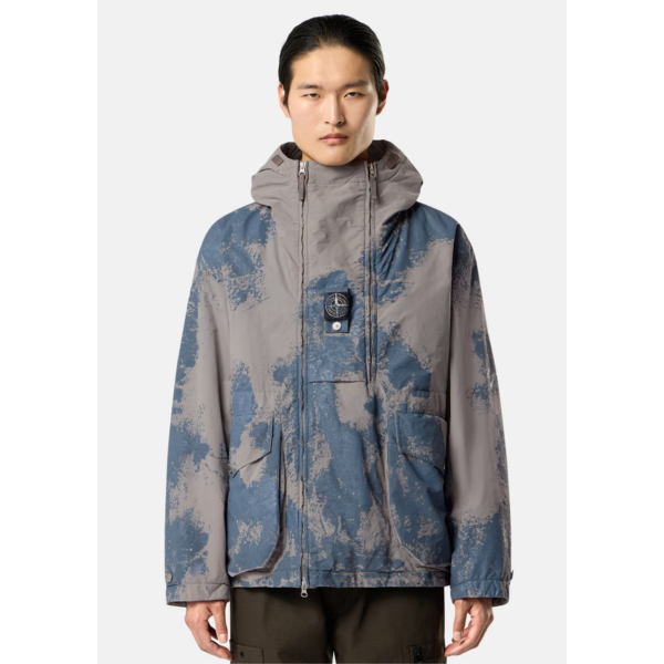 Parka courte matelassée STONE ISLAND à capuche gris avec finition bleue peinte à la main