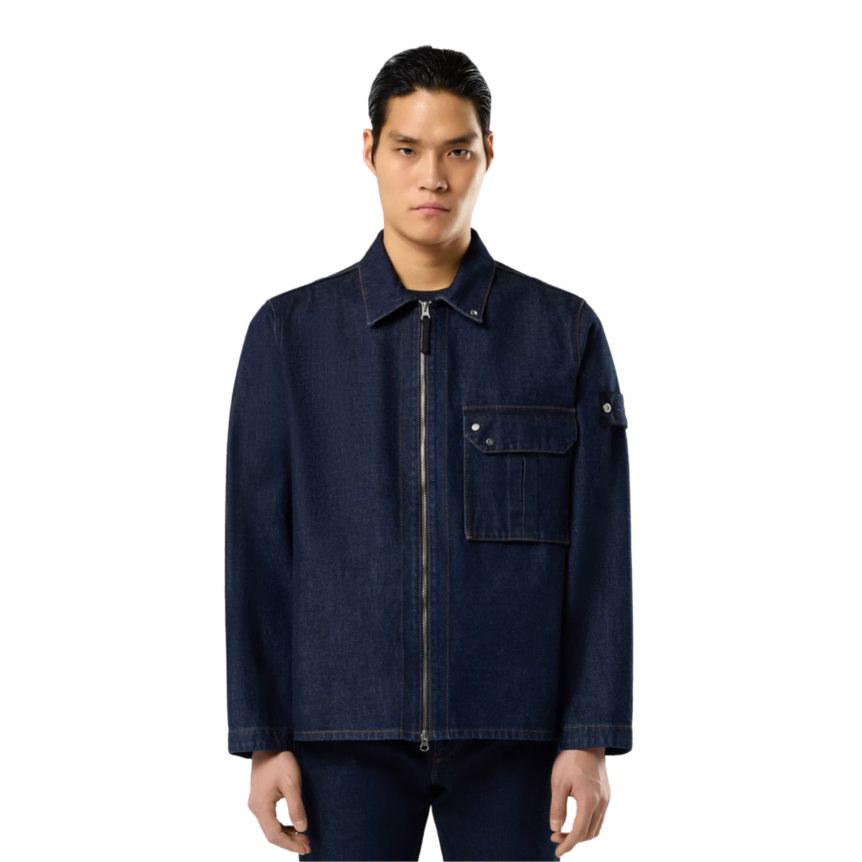 Surchemise ample STONE ISLAND zippée coton denim brut bleu indigo