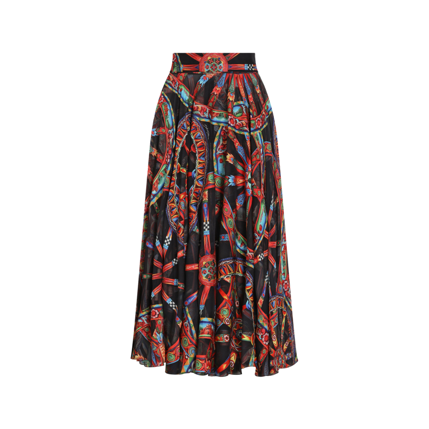 Jupe longue évasée en twill viscose soie dévoré imprimé Carretto