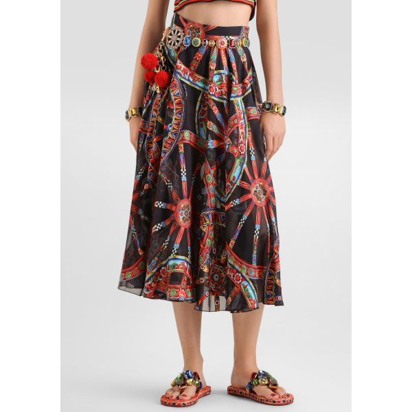Jupe longue évasée en twill viscose soie dévoré imprimé Carretto