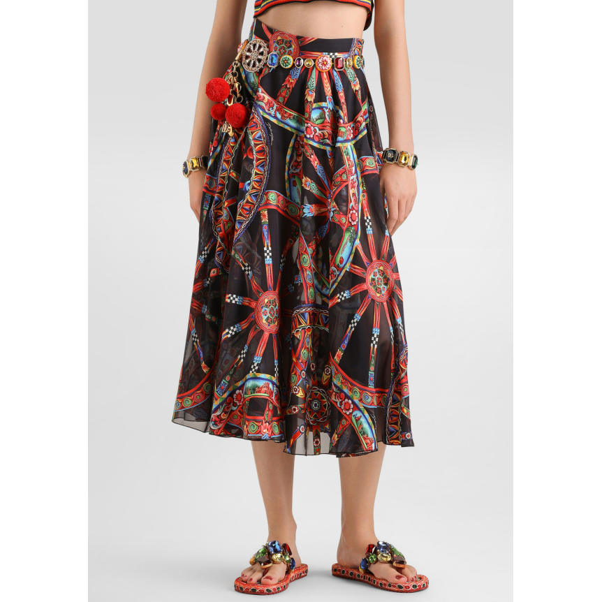 Jupe longue évasée en twill viscose soie dévoré imprimé Carretto