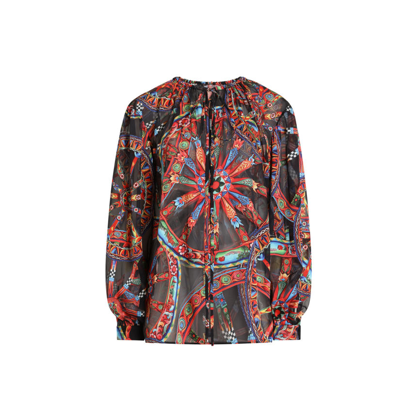 Blouse DOLCE & GABBANA en sergé noir viscose soie dévoré à imprimé Carretto