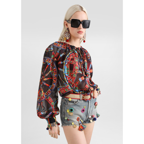 Blouse DOLCE & GABBANA en sergé noir viscose soie dévoré à imprimé Carretto