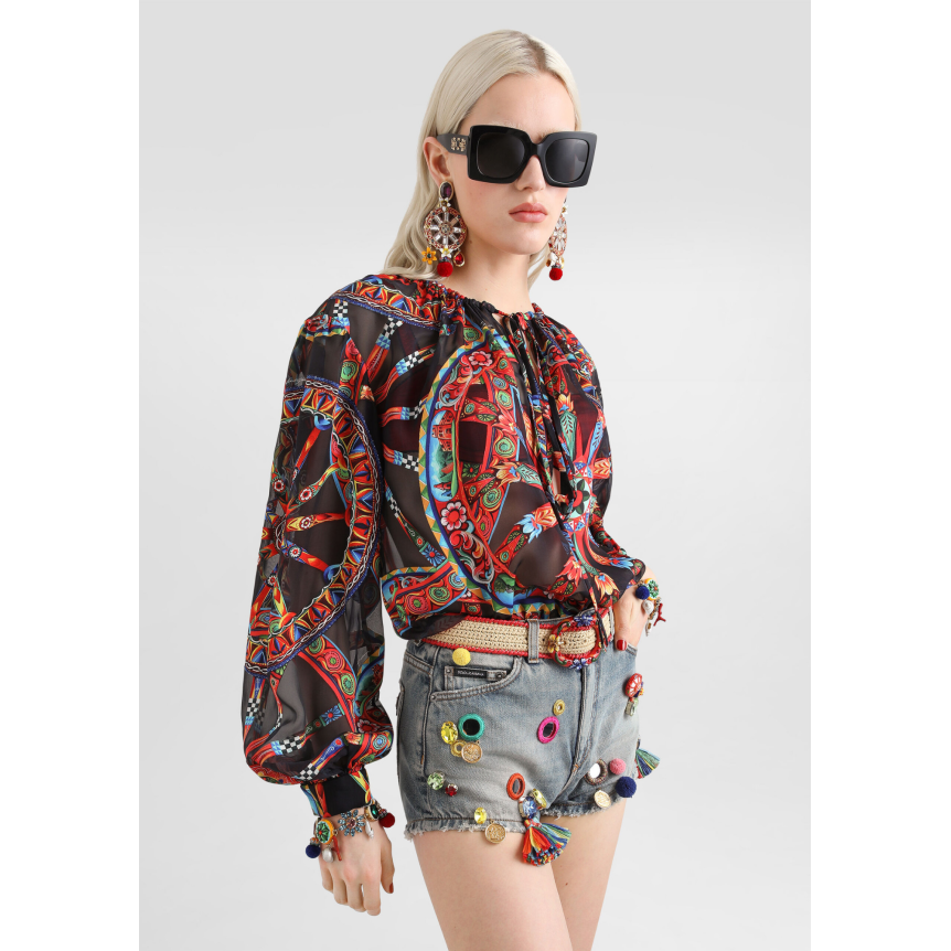 Blouse DOLCE & GABBANA en sergé noir viscose soie dévoré à imprimé Carretto