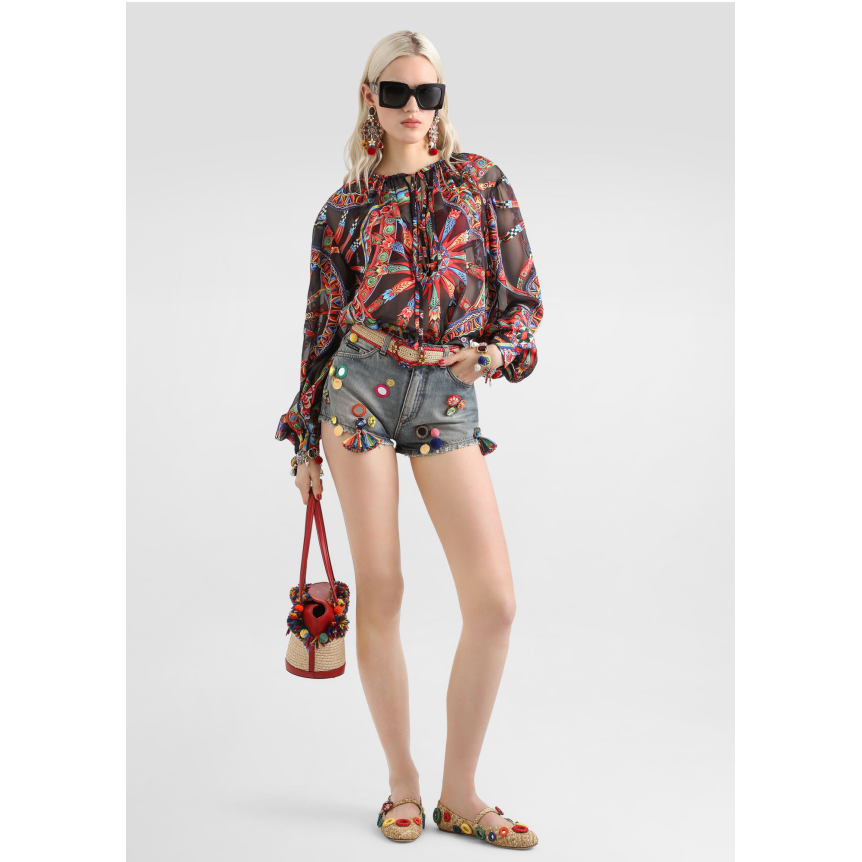 Blouse DOLCE & GABBANA en sergé noir viscose soie dévoré à imprimé Carretto