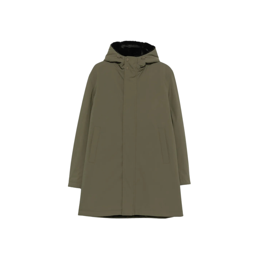 Parka longue à capuche HERNO doublée fourrure nylon mat kaki