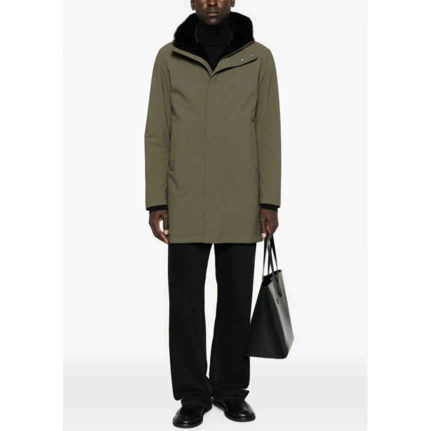 Parka longue à capuche HERNO doublée fourrure nylon mat kaki