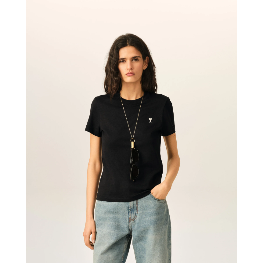 T-shirt col rond AMI Paris manche courte coton noir broderie coeur blanc