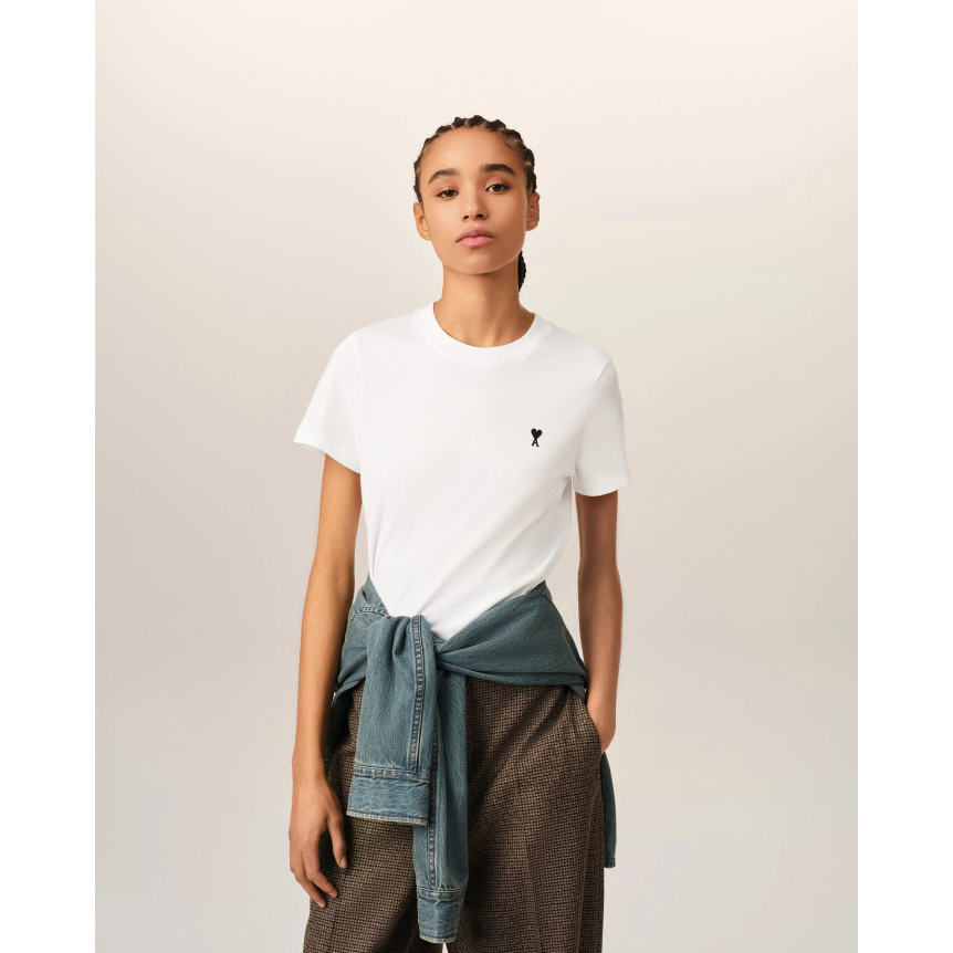 T-shirt col rond AMI Paris manche courte coton blanc broderie coeur noir
