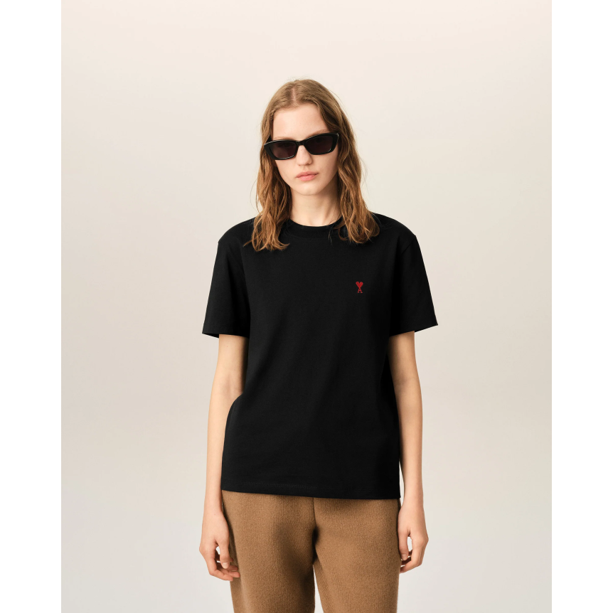 T-shirt col rond AMI Paris manche courte coton noir broderie coeur rouge