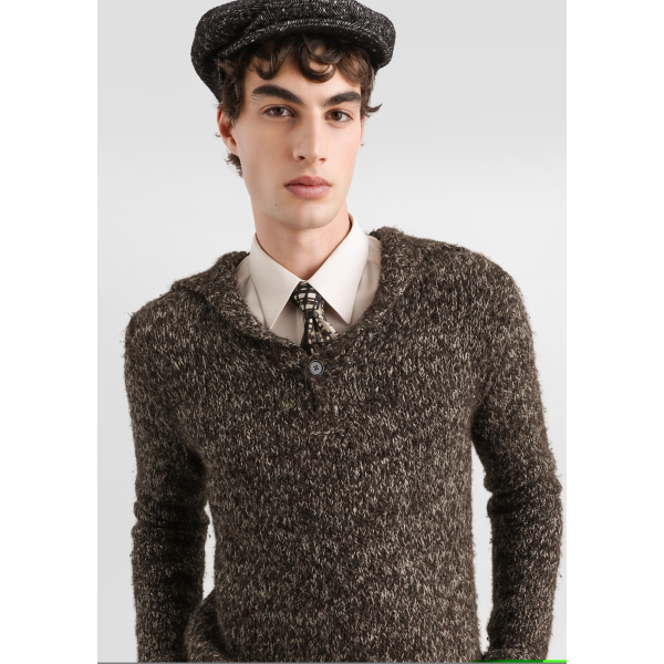 Pull col polo DOLCE & GABBANA laine vierge alpaga lin gris chiné bouton