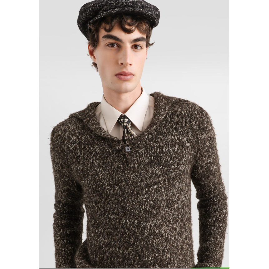 Pull col polo DOLCE & GABBANA laine vierge alpaga lin gris chiné bouton