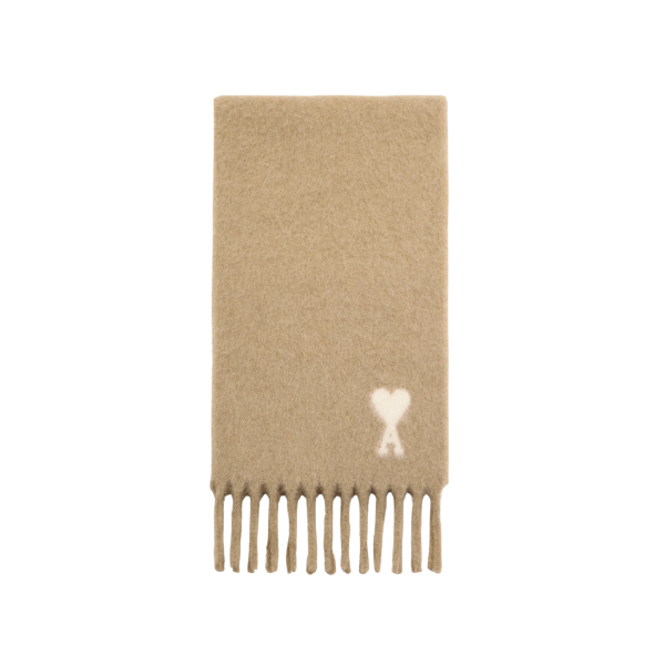 AMI Paris Echarpe oversize laine mélangée alpaga beige cœur blanc franges