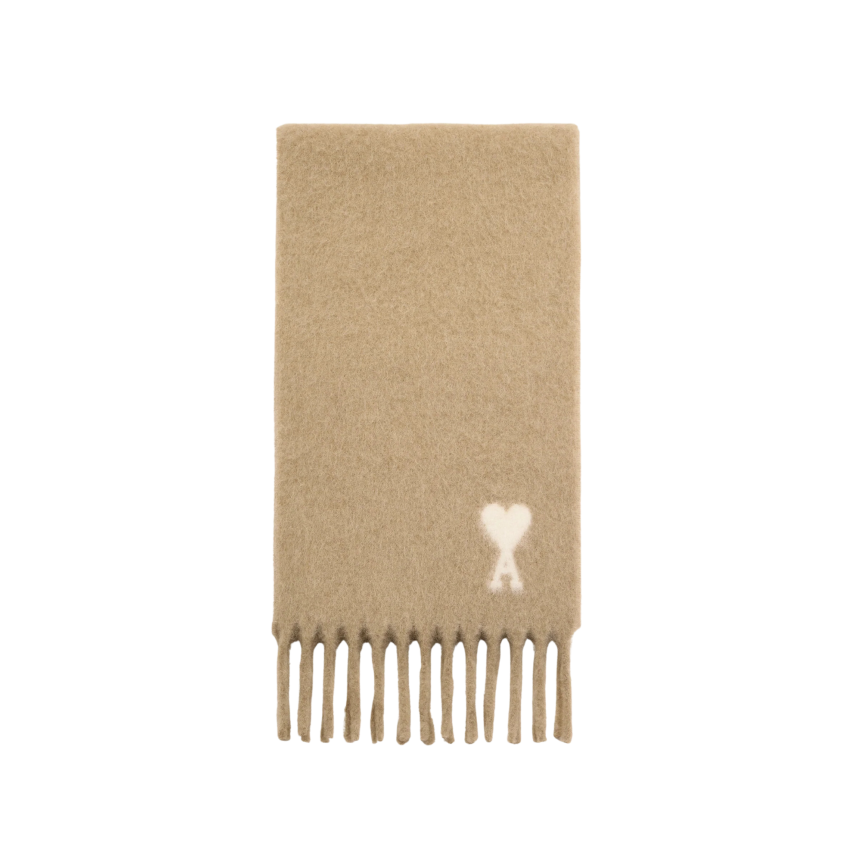 AMI Paris Echarpe oversize laine mélangée alpaga beige cœur blanc franges