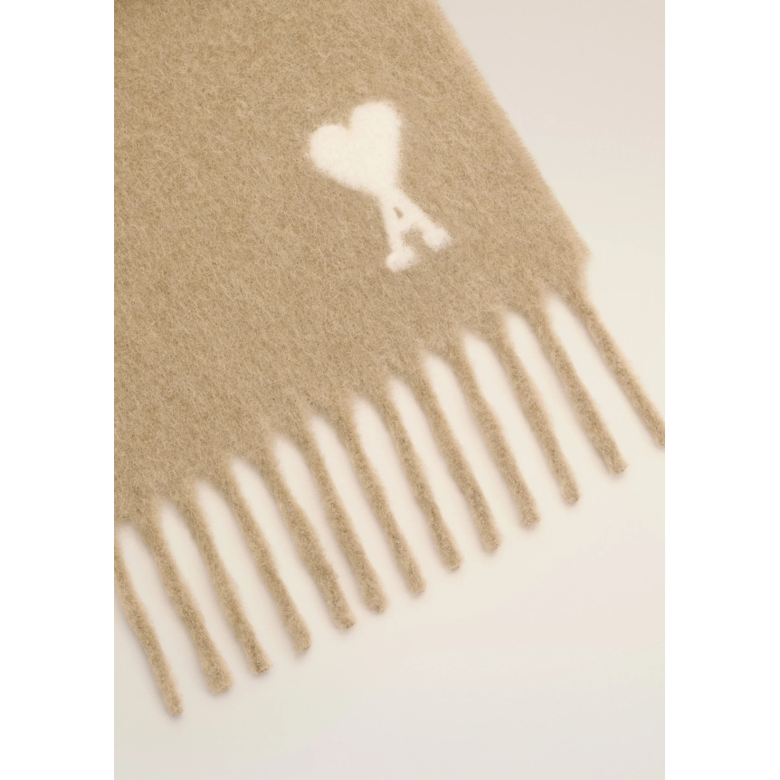 AMI Paris Echarpe oversize laine mélangée alpaga beige cœur blanc franges