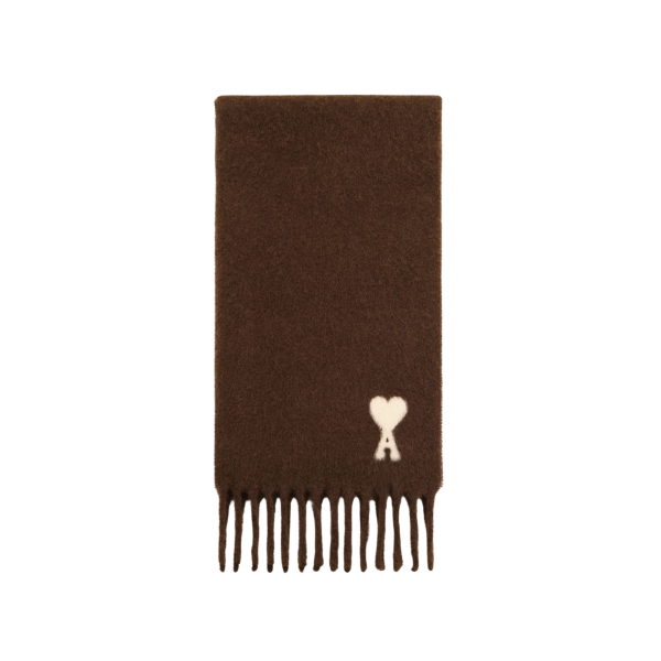 Echarpe oversize AMI Paris laine mélangée alpaga marron chocolat cœur blanc franges