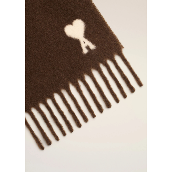 Echarpe oversize AMI Paris laine mélangée alpaga marron chocolat cœur blanc franges