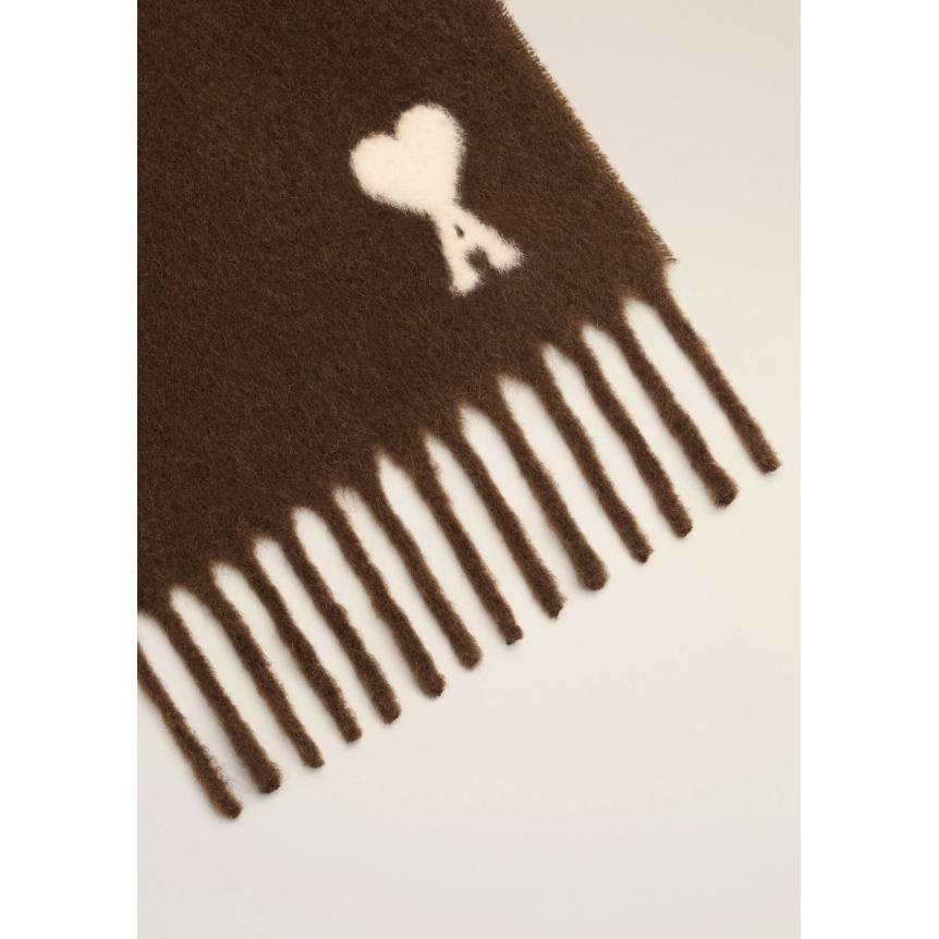 Echarpe oversize AMI Paris laine mélangée alpaga marron chocolat cœur blanc franges