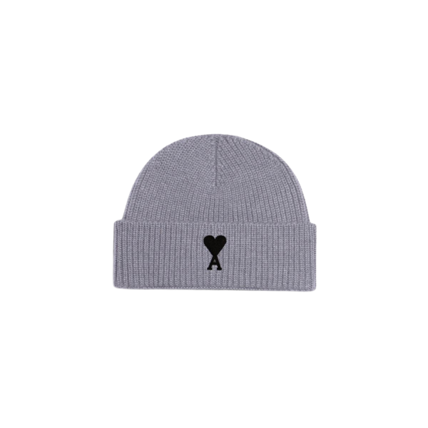 Bonnet AMI Paris maille laine mérinos gris revers cœur noir