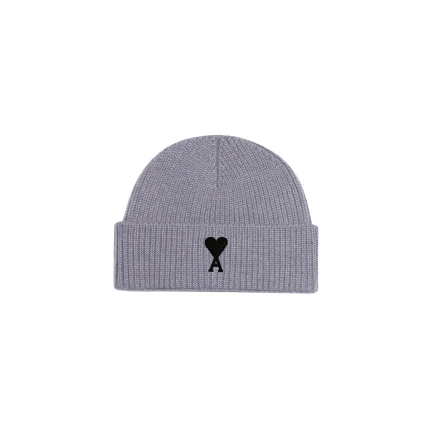 Bonnet AMI Paris maille laine mérinos gris revers cœur noir