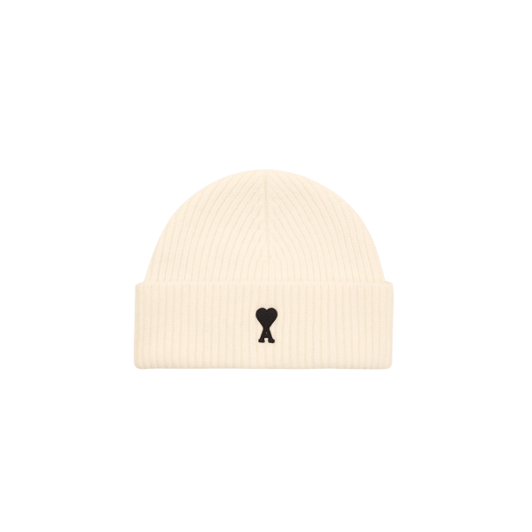Bonnet AMI Paris maille laine mérinos écru revers cœur noir