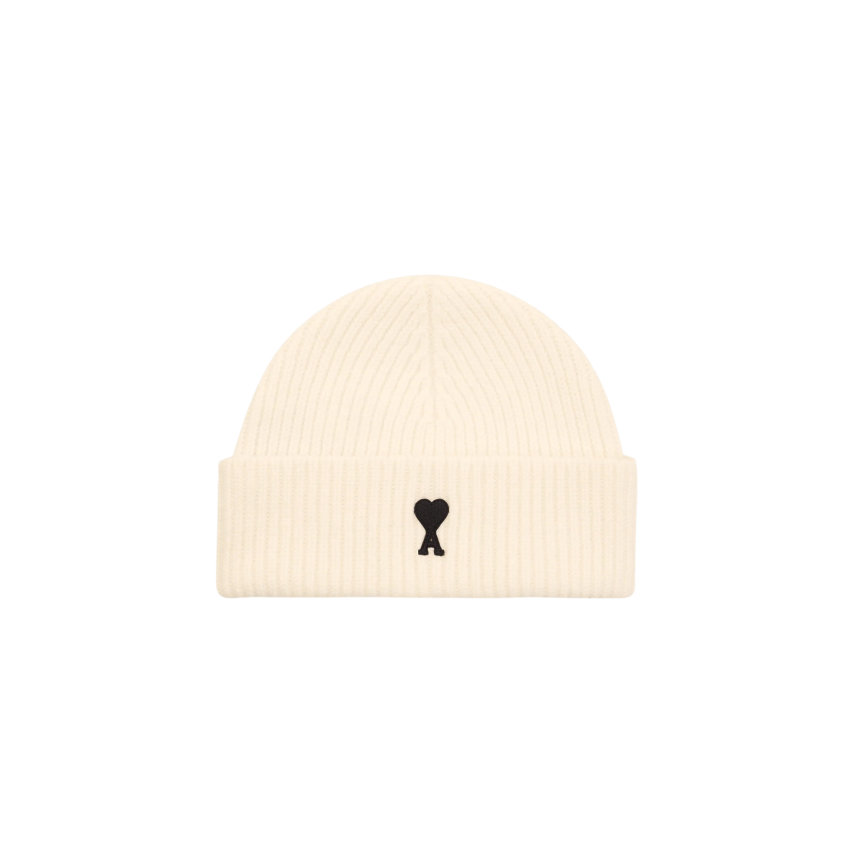 Bonnet AMI Paris maille laine mérinos écru revers cœur noir