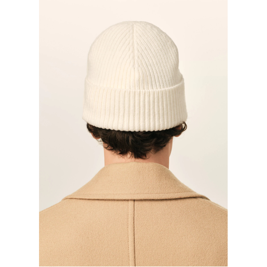 Bonnet AMI Paris maille laine mérinos écru revers cœur noir