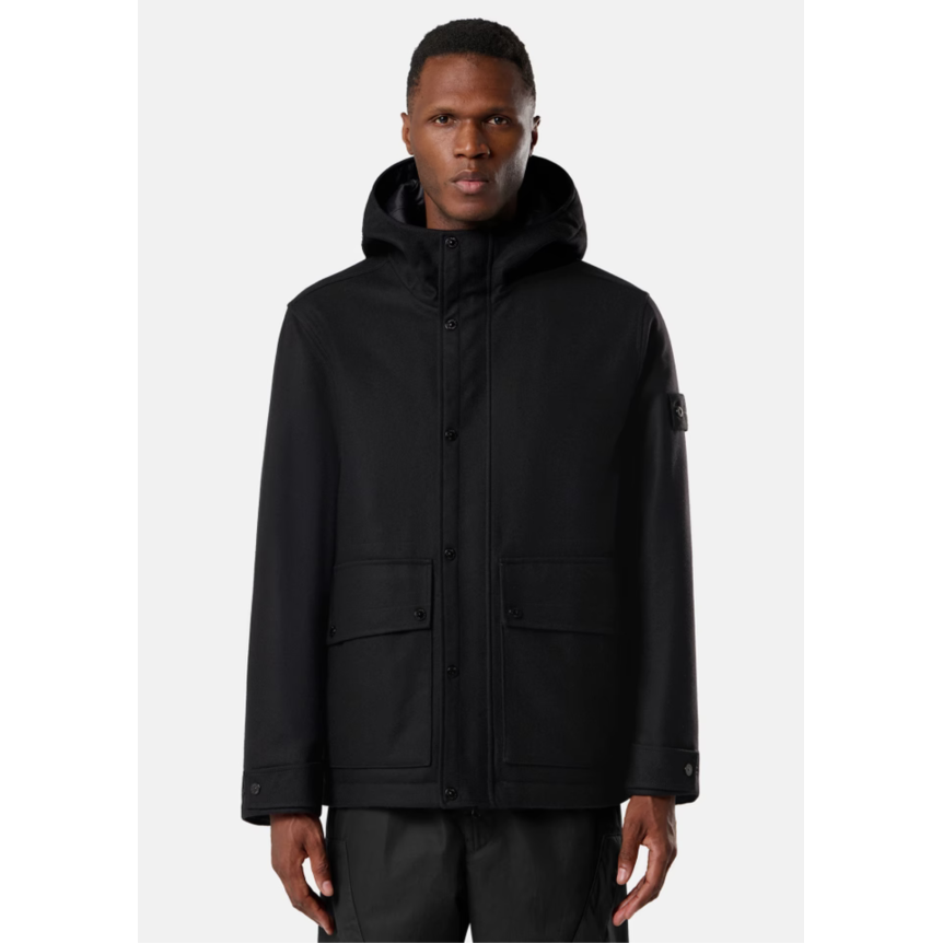 Blouson Parka à capuche STONE ISLAND flanelle laine nylon noir Ghost Collection